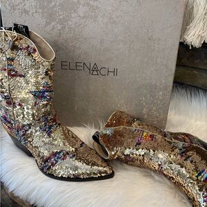 Gold Sequin Ankle Boots with Multicolor Accents